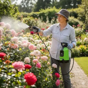 Anwender sprüht Pflanzenschutzmittel mit einem Akku-Drucksprühgerät Garten Test auf Rosen.