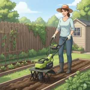 Akkubetriebene elektrische gartenfräse leicht in einem kleinen, bepflanzten Beet.