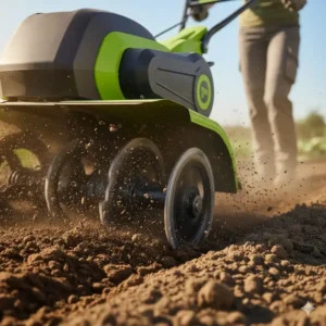 Nahaufnahme der Zinken dieser Motorhacke klein für Garten; ideal für kleine Flächen.