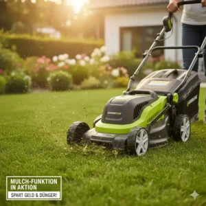 Hochwertiger, Mulcher Rasenmäher günstig mit Mulchfunktion im Einsatz.
