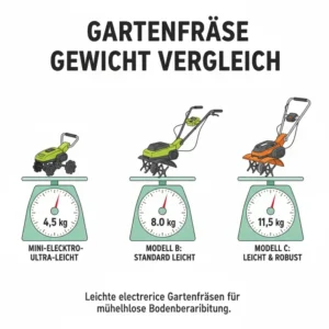 Übersicht: elektrische gartenfräse leicht – Tabelle zum Gewichtsvergleich verschiedener Modelle.