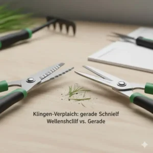 Klingen-Vergleich im Manuelle Rasenschere Test: Wellenschliff-Klinge vs. gerade Schneide.