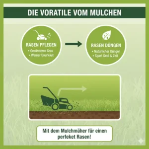 Grafik: Die Vorteile vom Mulchen – Rasen düngen und pflegen mit Mulcher Rasenmäher günstig.