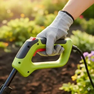 Nahaufnahme des ergonomischen Griffs einer elektrische gartenfräse leicht für komfortables Arbeiten.