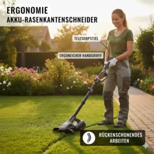 Ergonomischer Griff und Teleskopstiel beim Rasenkantenschneider Akku für rückenschonendes Arbeiten.