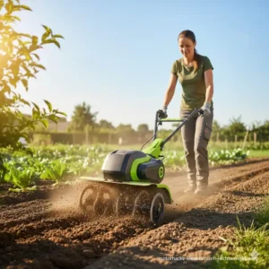 Benutzer bedient die Motorhacke klein für Garten; zeigt die einfache und leichte Handhabung.