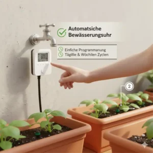 Automatische Steuerung der Tropfbewässerung Balkon Günstig mit einer digitalen Zeitschaltuhr.