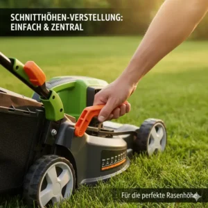 Zentrale Schnitthöhenverstellung am Mähdeck, wichtig im Akku Rasenmäher Test 2025-Vergleich