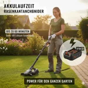 Darstellung der langen Akkulaufzeit des Rasenkantenschneider Akkus.