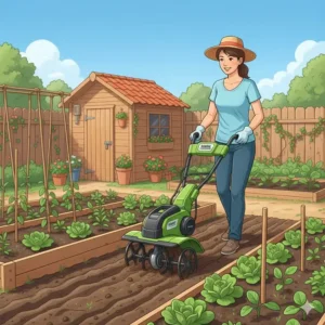 Eine elektrische gartenfräse leicht lockert den Boden im Hochbeet (Anwendungsszene).