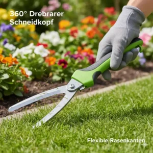 Manuelle Rasenschere Test – Schere mit um 360° drehbarem Scherkopf für flexibles Arbeiten.
