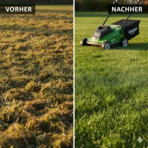 Vergleich: Links ungepflegter Rasen, rechts gesunder Rasen nach dem Einsatz des elektrische vertikutierer amazon.