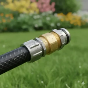 Sicherer, dichter Anschluss der schlauchkupplung metall stabil an einem flexiblen Gartenschlauch.