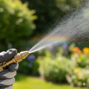 Nahaufnahme der Sprühdüseneinstellung des Drucksprühgerät Garten Test-Modells.