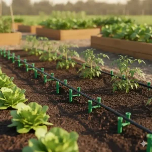 Verlegung der Schläuche des Tropfbewässerung Garten Set in einem Gemüsebeet.