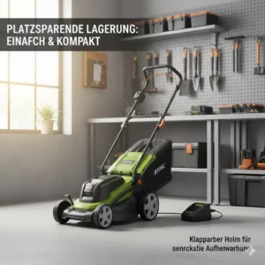 Platzsparende und vertikale Lagerung dank klappbarem Holm beim Akku Rasenmäher Test 2025