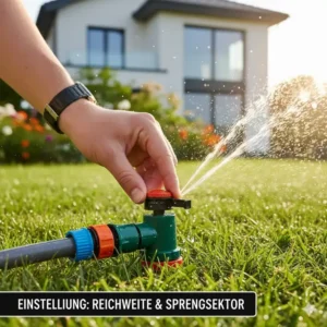Detailaufnahme einer Hand, die die Reichweiteneinstellung für den Rasensprenger Test 2025 vornimmt.