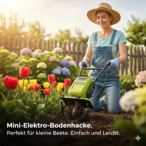 Eine kompakte Mini-Bodenhacke: die perfekte elektrische gartenfräse leicht für schmale Stellen.