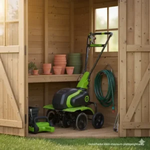 Die Motorhacke klein für Garten kompakt verstaut und platzsparend gelagert.