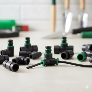 Verschiedene T-Stücke und Verbinder des Tropfbewässerung Garten Set zur flexiblen Systemerweiterung.