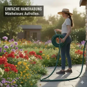 Einfache Handhabung: Eine Person rollt den leichten gartenschlauch 30m flexibel mühelos auf.