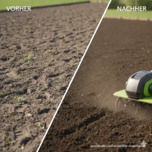 Vergleich: Gelockerter Boden nach dem Einsatz der Motorhacke klein für Garten.