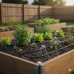 Anwendung eines Tropfbewässerung Garten Set in einem Hochbeet zur optimalen Wasserversorgung.