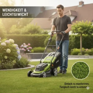 	Leichte und wendige Bauweise des Akku Rasenmäher Test 2025 mit großem Fangkorb