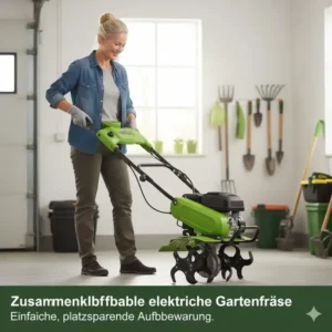 elektrische gartenfräse leicht in zusammengeklapptem Zustand, ideal für die platzsparende Lagerung.