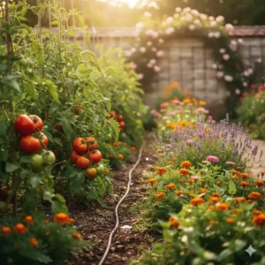 Grüne Pflanzen und Blumen durch die automatische gartenbewässerung solar