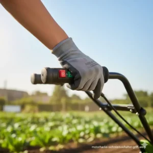 Detailansicht des ergonomischen Griffs und des Sicherheitsschalters der Motorhacke klein für Garten.