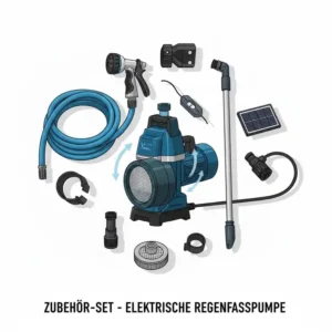 Komplett-Set: Zubehör und Teile einer regenfass pumpe elektrisch auf einem Tisch.