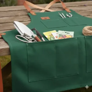Detailansicht der tiefen Gartenschürze mit Taschen, ideal für kleine Werkzeuge und Saatgut.