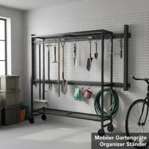 Mobiler Gartengeräte Organizer kaufen Ständer auf Rollen aus Kunststoff oder Metall für flexible Werkzeug-Aufbewahrung.