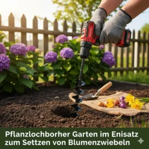 Pflanzlochbohrer Garten im Einsatz zum Setzen von Blumenzwiebeln