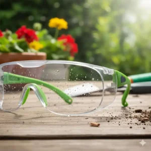 Nahaufnahme einer transparenten Schutzbrille Gartenarbeit mit Antibeschlag-Funktion.