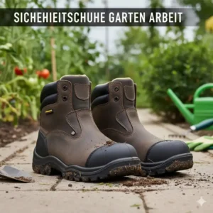 Detailaufnahme der Stahlkappe von Sicherheitsschuhe Garten Arbeit für maximalen Schutz.