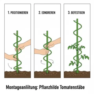 Schritt-für-Schritt-Anleitung zur korrekten Installation der Pflanzhilfe Tomatenstäbe neben einer jungen Tomatenpflanze im Boden.