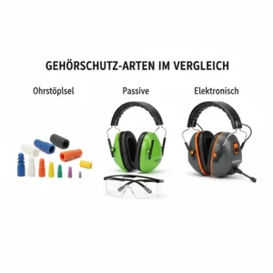 Vergleich verschiedener Gehörschutz Motorsense Arten für die Gartenarbeit: Ohrstöpsel, passive und elektronische Gehörschützer.