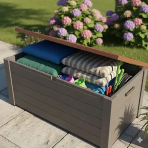 Innenansicht der Aufbewahrungsbox Garten wetterfest mit viel Stauraum für Lounge-Kissen.