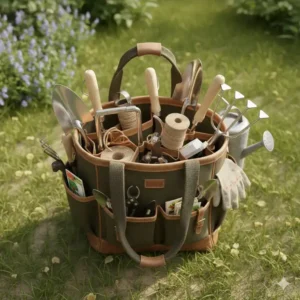 Die Gartengeräte Tasche Robust von oben, zeigt mehrere Fächer für die organisierte Aufbewahrung von Werkzeugen.