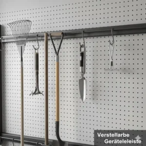 Detailansicht einer verstellbaren Geräteleiste mit Klemmhaltern und Haken zur platzsparenden Gartengeräte Organizer kaufen.