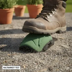 Test zur Haltbarkeit der äußeren Versiegelung von Garten-Kniepolstern auf verschiedenen Untergründen.
