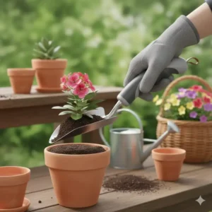 Anwendung der pflanzkelle ergonomisch beim einfachen Umpflanzen von Blumen in einen Topf.