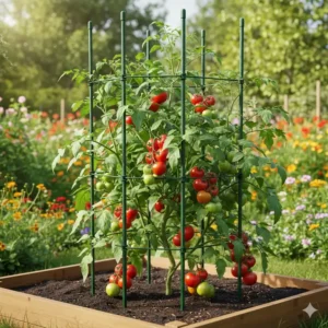 Hohe, grüne pflanzstäbe metall beschichtet dienen als Rankhilfe für eine Tomatenpflanze.