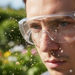 Abbildung zeigt die Funktion der Schutzbrille Gartenarbeit beim Abwehren von kleinen Holzsplittern.