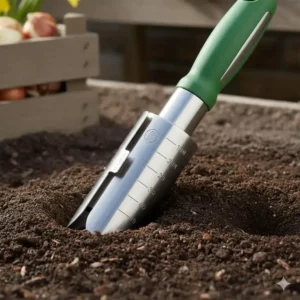 Klare Tiefenmarkierung an der Zwiebelschneider Pflanzhilfe für die korrekte Pflanztiefe von Blumenzwiebeln.
