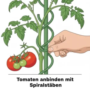 Nahaufnahme einer Tomatenranke, die sanft an einem Spiral-Tomatenstab befestigt wird (eine Art der Pflanzhilfe Tomatenstäbe).