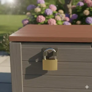 Abschließbare Aufbewahrungsbox Garten wetterfest mit Öse für ein Vorhängeschloss.
