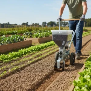 Benutzer führt eine sämaschine handbetrieben über ein vorbereitetes Beet.